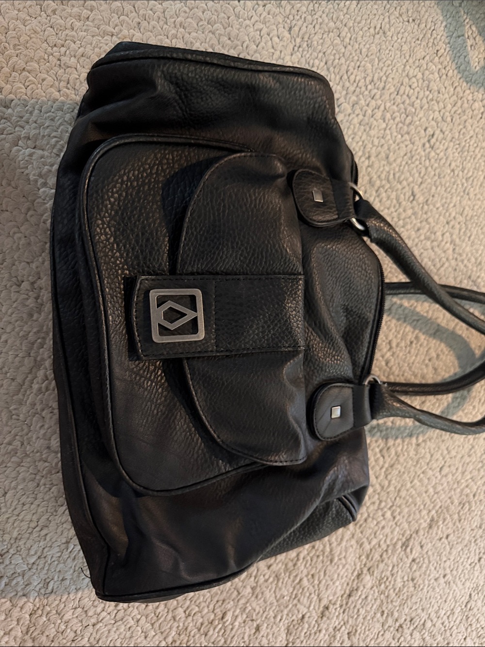 Volcano Black Leather Tote Bag with Front Pocket